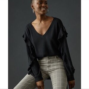 Anthropologie Pilcro Waffle Knit Black Vneck Blouse Sweater Shirt Top Ruffles